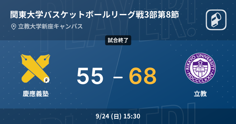【結果】慶應義塾大学(男子)vs立教大学(男子) 関東大学バスケットボールリーグ戦3部 第8節 バスケットボール 2023年9月24日 | Player!