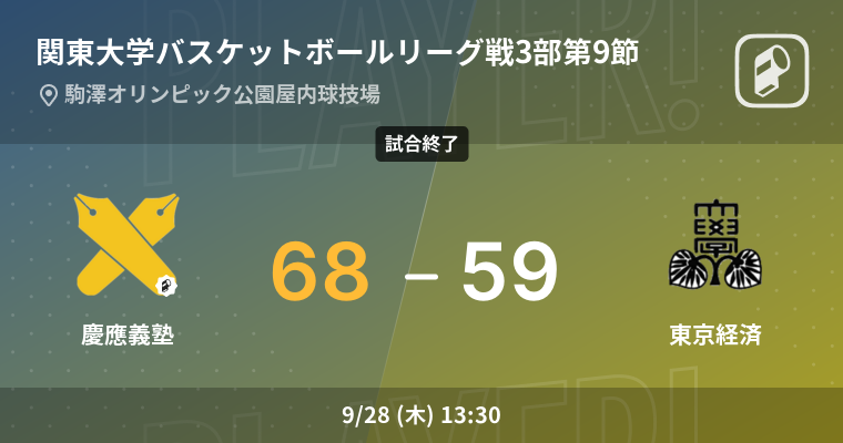 【結果】慶應義塾大学(男子)vs東京経済大学(男子) 関東大学バスケットボールリーグ戦3部 第9節 バスケットボール 2023年9月28日 | Player!