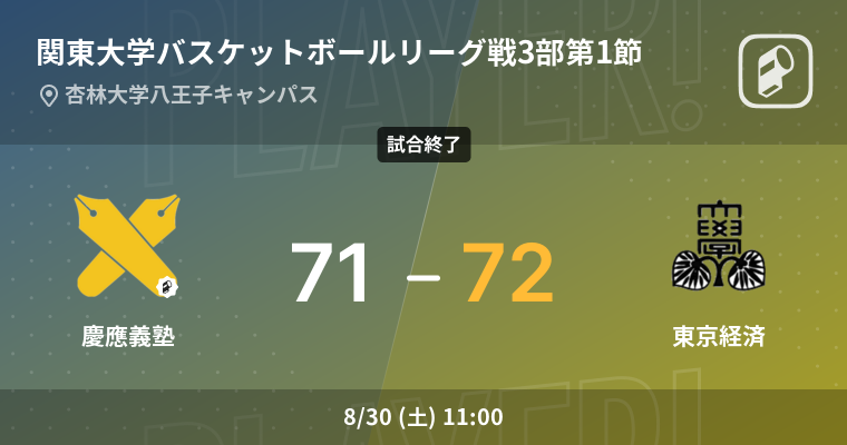 【結果】慶應義塾大学(男子)vs東京経済大学(男子) 関東大学バスケットボールリーグ戦3部 第1節 バスケットボール 2025年8月30日 | Player!