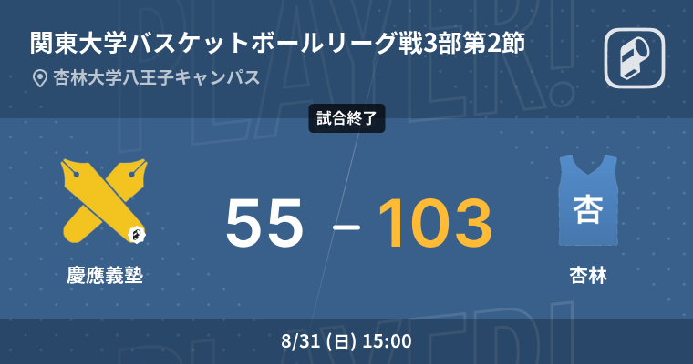 【結果】慶應義塾大学(男子)vs杏林大学(男子) 関東大学バスケットボールリーグ戦3部 第2節 バスケットボール 2025年8月31日 | Player!