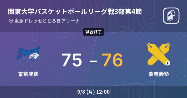 【結果】東京成徳大学(男子)vs慶應義塾大学(男子) 関東大学バスケットボールリーグ戦3部 第4節 バスケットボール 2025年9月8日 | Player!