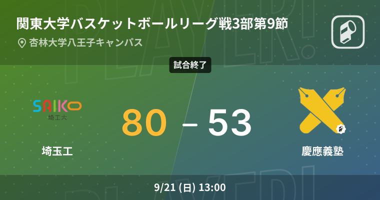 【結果】埼玉工業大学(男子)vs慶應義塾大学(男子) 関東大学バスケットボールリーグ戦3部 第9節 バスケットボール 2025年9月21日 | Player!