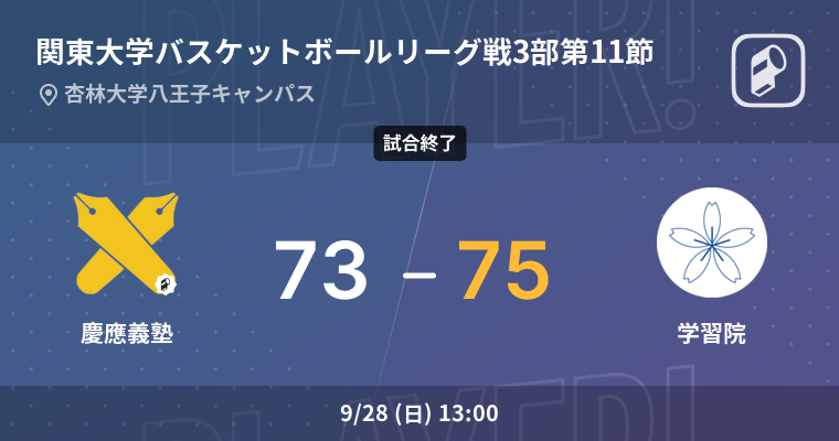 【結果】慶應義塾大学(男子)vs学習院大学(男子) 関東大学バスケットボールリーグ戦3部 第11節 バスケットボール 2025年9月28日 | Player!