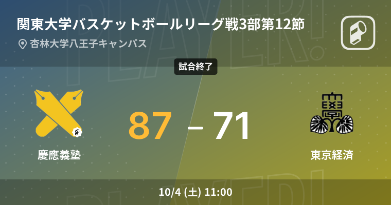 【結果】慶應義塾大学(男子)vs東京経済大学(男子) 関東大学バスケットボールリーグ戦3部 第12節 バスケットボール 2025年10月4日 | Player!