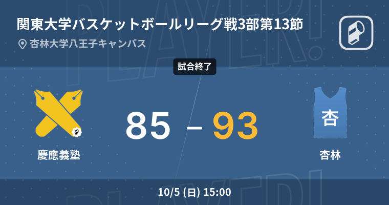 【結果】慶應義塾大学(男子)vs杏林大学(男子) 関東大学バスケットボールリーグ戦3部 第13節 バスケットボール 2025年10月5日 | Player!