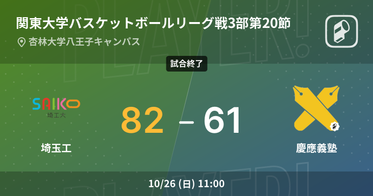 【結果】埼玉工業大学(男子)vs慶應義塾大学(男子) 関東大学バスケットボールリーグ戦3部 第20節 バスケットボール 2025年10月26日 | Player!